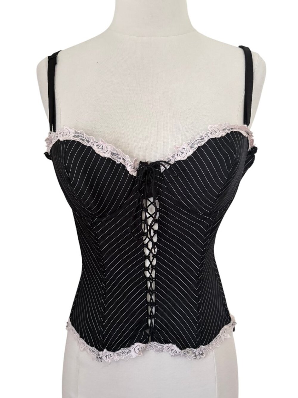 JOLIE INTIMATES Pinstripe bustier top sz M lace up front y2k